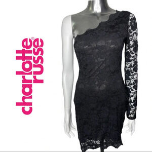 🛍️3/$40 Charlotte Russe  One Shoulder Black Lace Bodycon Size Small